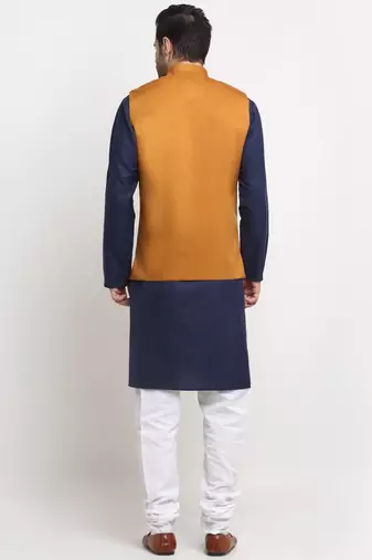 Men Cotton Solid Navy Blue Kurta Churidar With Mustard Twill Nehru Jacket Set