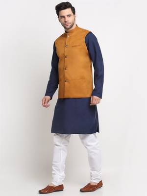 Men Cotton Solid Navy Blue Kurta Churidar With Mustard Twill Nehru Jacket Set 4