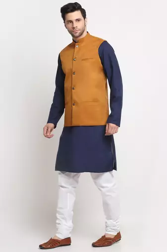 Men Cotton Solid Navy Blue Kurta Churidar With Mustard Twill Nehru Jacket Set