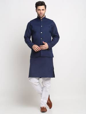 Men Cotton Solid Navy Blue Kurta Churidar With Navy Blue Twill Nehru Jacket Set 1