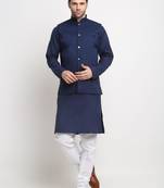 Men Cotton Solid Navy Blue Kurta Churidar With Navy Blue Twill Nehru Jacket Set