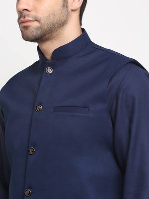 Men Cotton Solid Navy Blue Kurta Churidar With Navy Blue Twill Nehru Jacket Set 2