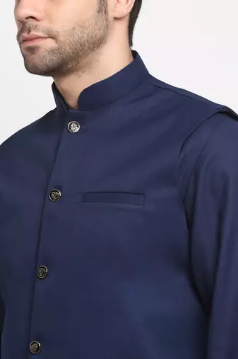 Men Cotton Solid Navy Blue Kurta Churidar With Navy Blue Twill Nehru Jacket Set
