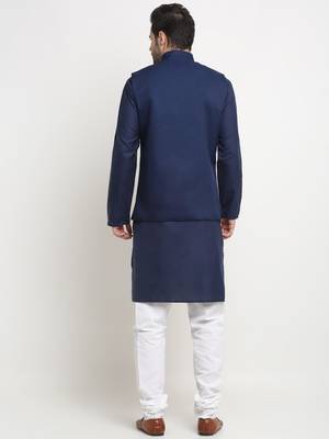 Men Cotton Solid Navy Blue Kurta Churidar With Navy Blue Twill Nehru Jacket Set 3