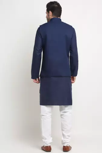 Men Cotton Solid Navy Blue Kurta Churidar With Navy Blue Twill Nehru Jacket Set