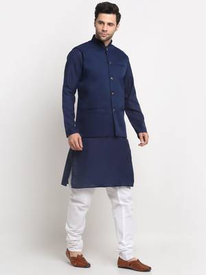 Men Cotton Solid Navy Blue Kurta Churidar With Navy Blue Twill Nehru Jacket Set 4