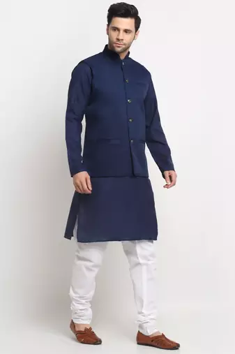 Men Cotton Solid Navy Blue Kurta Churidar With Navy Blue Twill Nehru Jacket Set