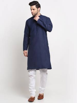 Men Cotton Solid Navy Blue Kurta Churidar With Navy Blue Twill Nehru Jacket Set 5
