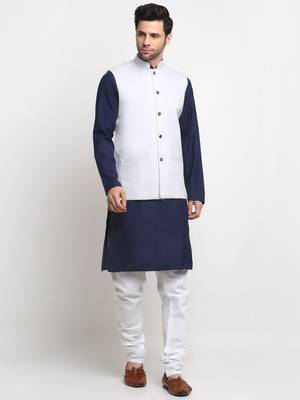 Men Cotton Solid Navy Blue Kurta Churidar With White Twill Nehru Jacket Set 1