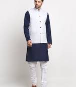 Men Cotton Solid Navy Blue Kurta Churidar With White Twill Nehru Jacket Set