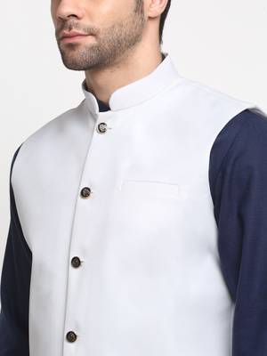 Men Cotton Solid Navy Blue Kurta Churidar With White Twill Nehru Jacket Set 2