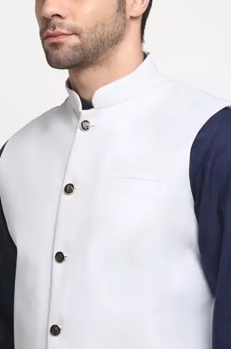 Men Cotton Solid Navy Blue Kurta Churidar With White Twill Nehru Jacket Set