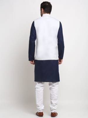 Men Cotton Solid Navy Blue Kurta Churidar With White Twill Nehru Jacket Set 3
