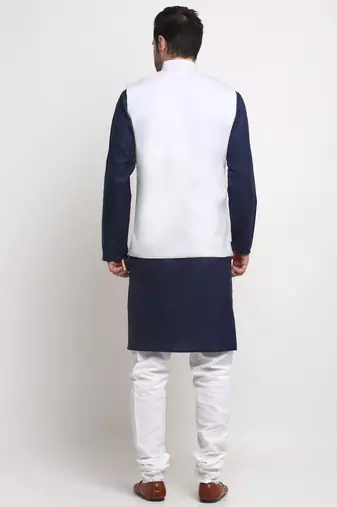Men Cotton Solid Navy Blue Kurta Churidar With White Twill Nehru Jacket Set