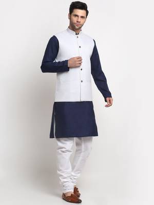 Men Cotton Solid Navy Blue Kurta Churidar With White Twill Nehru Jacket Set 4