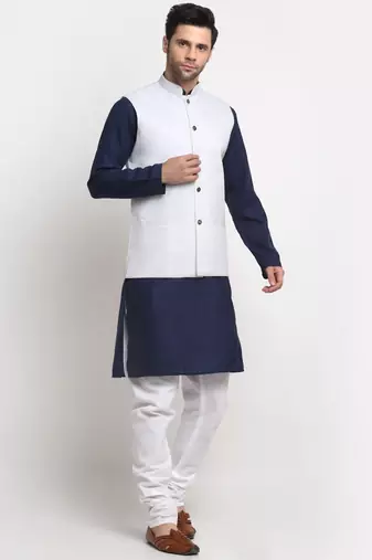 Men Cotton Solid Navy Blue Kurta Churidar With White Twill Nehru Jacket Set