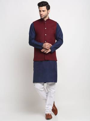 Men Cotton Solid Navy Blue Kurta Churidar With Maroon Twill Nehru Jacket Set 1