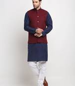Men Cotton Solid Navy Blue Kurta Churidar With Maroon Twill Nehru Jacket Set