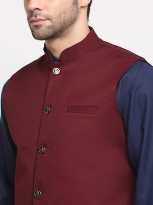 Men Cotton Solid Navy Blue Kurta Churidar With Maroon Twill Nehru Jacket Set 2