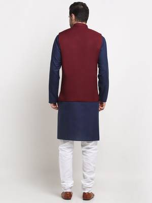 Men Cotton Solid Navy Blue Kurta Churidar With Maroon Twill Nehru Jacket Set 3