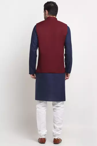 Men Cotton Solid Navy Blue Kurta Churidar With Maroon Twill Nehru Jacket Set