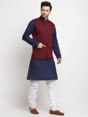 Men Cotton Solid Navy Blue Kurta Churidar With Maroon Twill Nehru Jacket Set 4