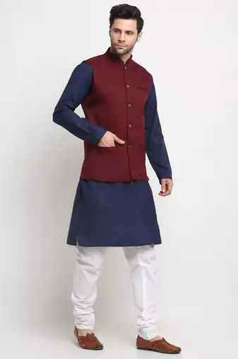Men Cotton Solid Navy Blue Kurta Churidar With Maroon Twill Nehru Jacket Set