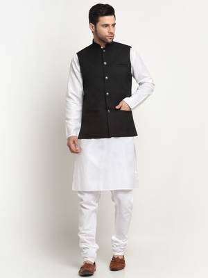 Men Cotton Solid White Kurta Churidar With Black Twill Nehru Jacket Set 1