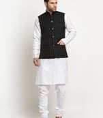 Men Cotton Solid White Kurta Churidar With Black Twill Nehru Jacket Set