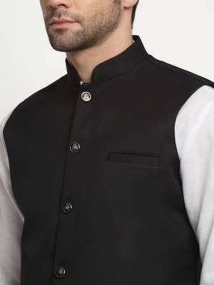 Men Cotton Solid White Kurta Churidar With Black Twill Nehru Jacket Set 2