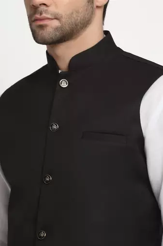 Men Cotton Solid White Kurta Churidar With Black Twill Nehru Jacket Set