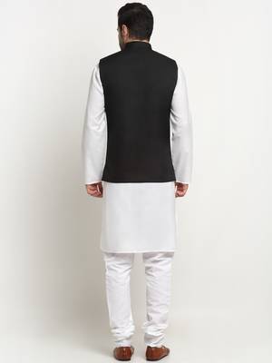 Men Cotton Solid White Kurta Churidar With Black Twill Nehru Jacket Set 3