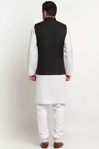 Men Cotton Solid White Kurta Churidar With Black Twill Nehru Jacket Set