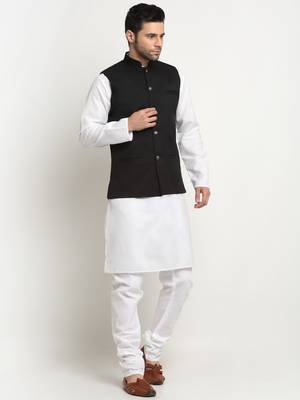 Men Cotton Solid White Kurta Churidar With Black Twill Nehru Jacket Set 4