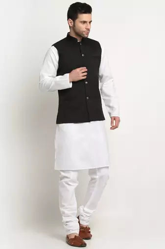 Men Cotton Solid White Kurta Churidar With Black Twill Nehru Jacket Set