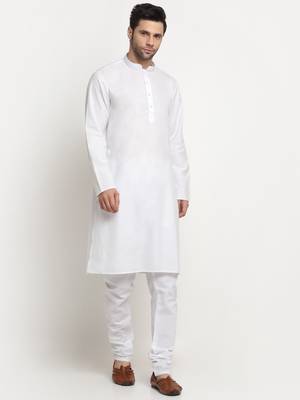 Men Cotton Solid White Kurta Churidar With Black Twill Nehru Jacket Set 5