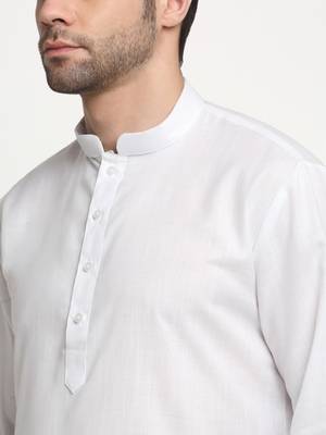 Men Cotton Solid White Kurta Churidar With Black Twill Nehru Jacket Set 6