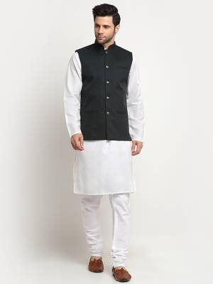 Men Cotton Solid White Kurta Churidar With Green Twill Nehru Jacket Set 1
