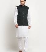 Men Cotton Solid White Kurta Churidar With Green Twill Nehru Jacket Set