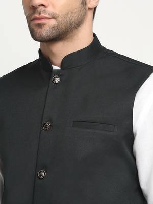 Men Cotton Solid White Kurta Churidar With Green Twill Nehru Jacket Set 2