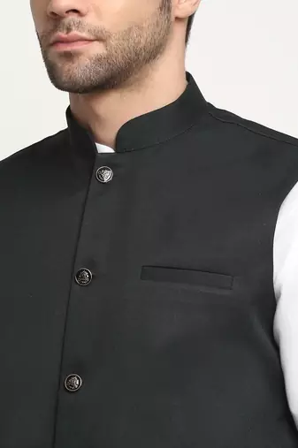 Men Cotton Solid White Kurta Churidar With Green Twill Nehru Jacket Set