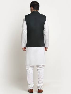 Men Cotton Solid White Kurta Churidar With Green Twill Nehru Jacket Set 3