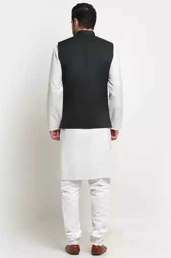 Men Cotton Solid White Kurta Churidar With Green Twill Nehru Jacket Set