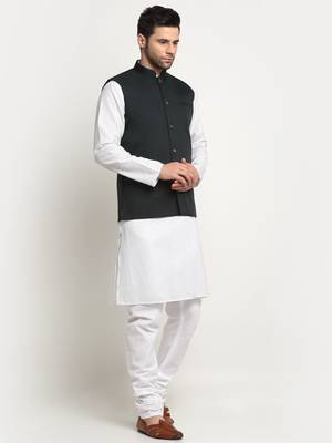 Men Cotton Solid White Kurta Churidar With Green Twill Nehru Jacket Set 4