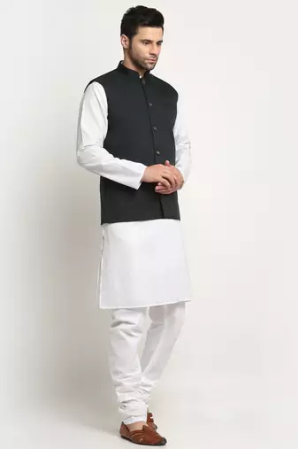 Men Cotton Solid White Kurta Churidar With Green Twill Nehru Jacket Set