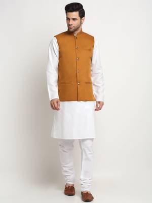 Men Cotton Solid White Kurta Churidar With Mustard Twill Nehru Jacket Set 1