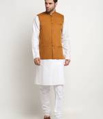 Men Cotton Solid White Kurta Churidar With Mustard Twill Nehru Jacket Set