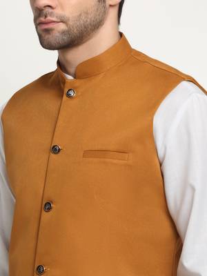 Men Cotton Solid White Kurta Churidar With Mustard Twill Nehru Jacket Set 2