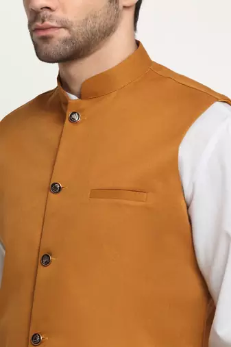 Men Cotton Solid White Kurta Churidar With Mustard Twill Nehru Jacket Set