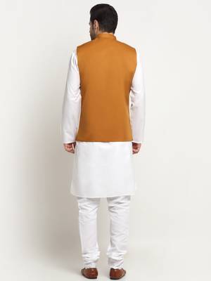 Men Cotton Solid White Kurta Churidar With Mustard Twill Nehru Jacket Set 3